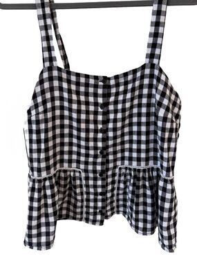 Sezane Black & White Gingham Button-Front Peplum Cami